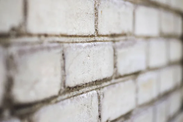 White brick wall with perspective as a background. Structure and texture of the brick wall. Old white brick wall background in perspective
