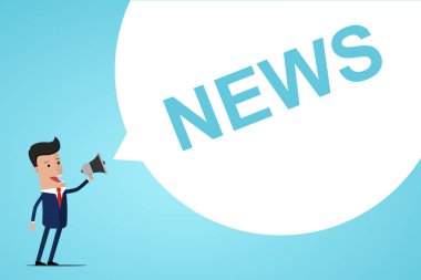Elinde megafon konuşma balonu haberle Holding iş adamı. Duyuru. Vektör çizim