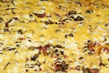 İştah açıcı arka plan pepperoni pizza closeup çerçeve doldurma. Pizza arka plan - makro çekim lezzetli İtalyan Pizza. Kavram promosyon afiş ve restoran ya da pizza için poster,