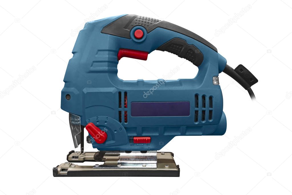 Professional electric jig saw isolated on white background. A jigsaw power tool isolated on white background. Electric jig saw. Professional electric jig saw isolated on white background