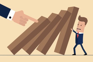 Düşen durdurmaya işadamı domino. İş kriz yönetimi ve çözüm kavramı. Risk kavramı. Vektör çizim