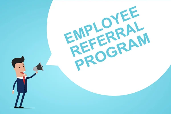 Empresario Sosteniendo Mano Megáfono Con Discurso Bubble Employee Referral Program — Archivo Imágenes Vectoriales