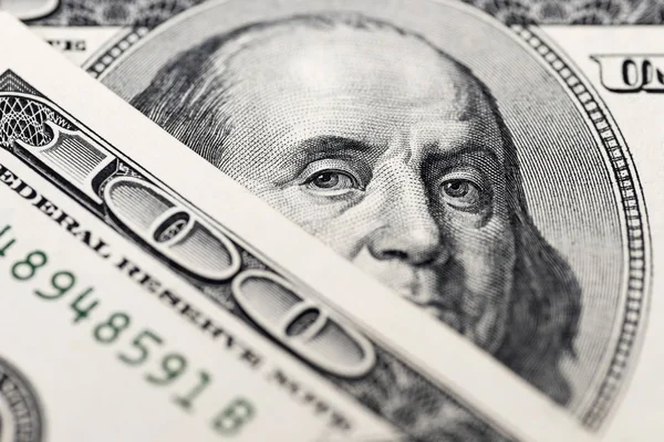 Μάτια Του Benjamin Franklin Από Εκατό Δολαρίων Νομοσχέδιο Πρόσωπο Του — Φωτογραφία Αρχείου