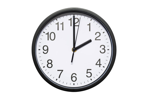 Wall clock shows time 2 o'clock on white isolated background. Round wall clock - front view. Fourteen o'clock
