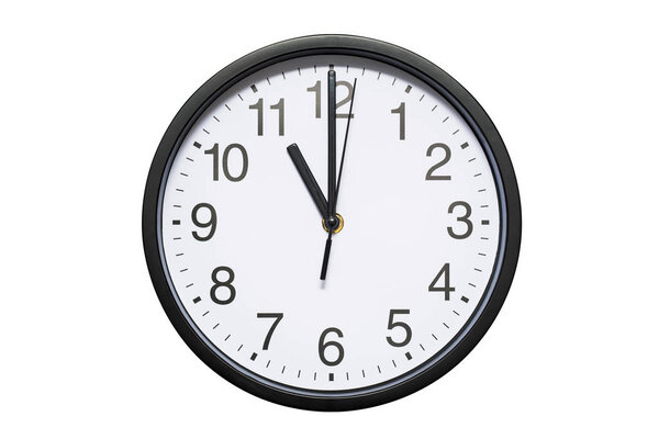Wall clock shows time 11 o'clock on white isolated background. Round wall clock - front view. Eleven o'clock