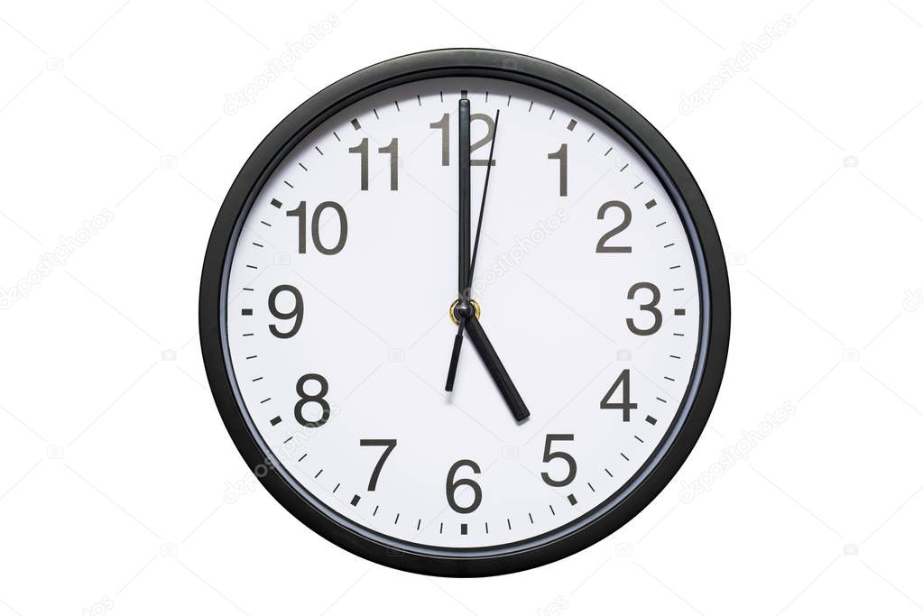Wall clock shows time 5 o'clock on white isolated background. Round wall clock - front view. Seventeen o'clock