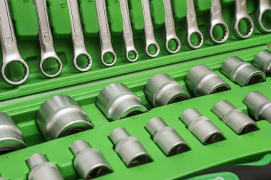 Evrensel araç araba tamir için. Arka plan. Araba tamir kutusunda, closeup için araç kümesi