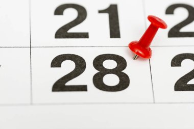 Tarih sayısı 28 pin. Ayın yirmi sekizinci günü kırmızı bir raptiye ile işaretlenir. Takvimde pin