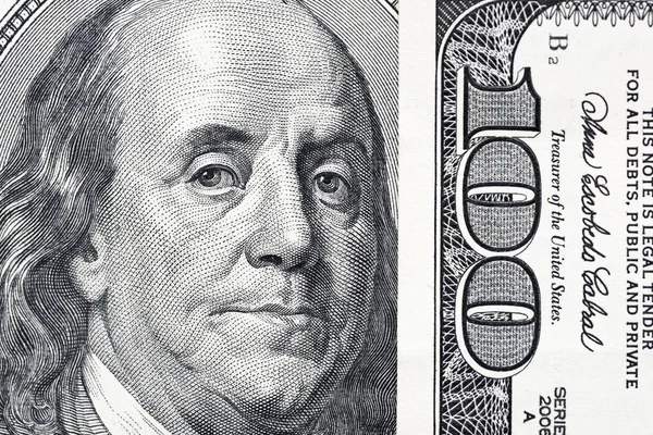 Глаза Бенджамина Франклина Стодолларовой Купюры Взгляд Бенджамина Франклина Банкноту Сто — стоковое фото