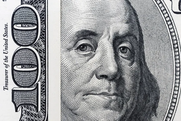 Глаза Бенджамина Франклина Стодолларовой Купюры Взгляд Бенджамина Франклина Банкноту Сто — стоковое фото