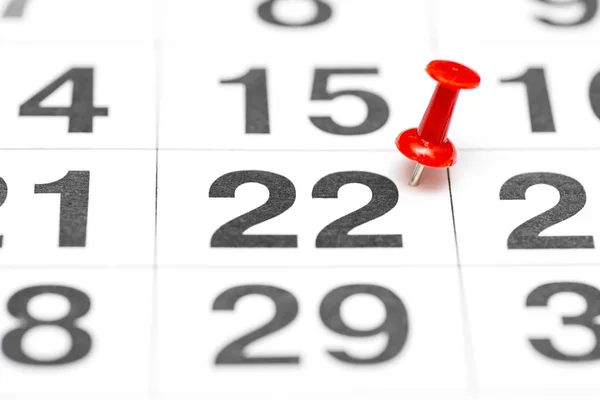 Pin on the date number 22. The twenty second day of the month is marked with a red thumbtack. Pin on calendar