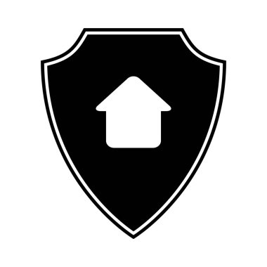 Ev sembolü ile güvenlik kalkanı, ev koruma çözümleri. Grafik ev güvenlik simgesi etiketi. Vektör çizimi