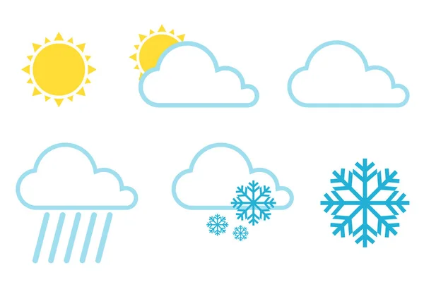 Ícones de previsão meteorológica vetorial. Ícones meteorológicos definir cores simples símbolos planos isolados no fundo branco. Ilustração vetorial —  Vetores de Stock