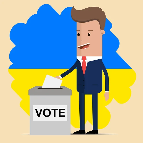 Élection en Ukraine. L'homme qui a mis son vote dans l'urne. Drapeau ukrainien sur fond. Illustration vectorielle — Image vectorielle