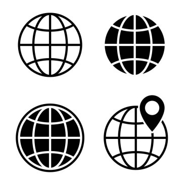 Dünya Küre Simgesi. Küre - vektör siyah simgeler ayarlandı. Vektör illüstrasyonu