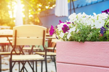 Cafe masa ve sandalyeler sokakta ile. Çiçek ve tablolar Kafe'nin rahat sokak
