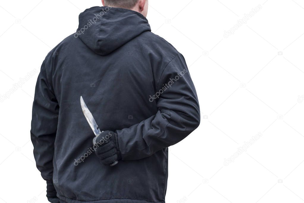 Man with the knife isolated on white background. Criminal with knife weapon hidden behind his back