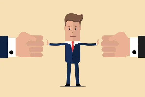 Stop conflict. Zakenman scheidsrechter vindt compromissen. Bemiddelaar het oplossen van de concurrentie. Conflict en oplossing. De man gooit twee vuisten. Man stop conflict of stop met vechten. Vector illustratie — Stockfoto