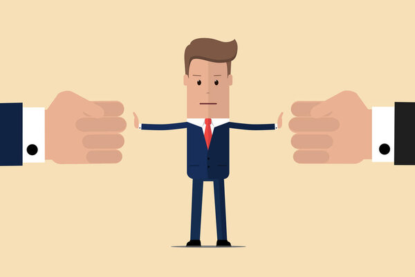 Прекратить конфликт. Бизнесмен-судья находит компромисс. Посредник решает конкуренцию. Конфликт и решение. Мужчина бросает два кулака. Человек прекращает конфликты или прекращает драться. Векторная иллюстрация
