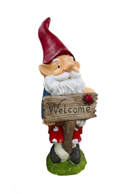 Beyaz arka planda komik bahçe cücesi. Beyaz arka planda izole Edilmiş Bahçe Gnomes