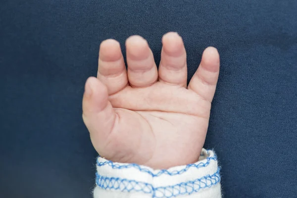 Smof yeni doğmuş bebek. Bebek parmakları ve avuç içi. Mavi arka planda küçük bebek eli tüm el — Stok fotoğraf