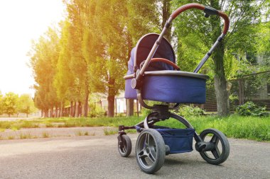 Güneşli bir günde parkta bir bebek arabası. Şehir parkında at arabasıyla ebeveyn yürüyüşü