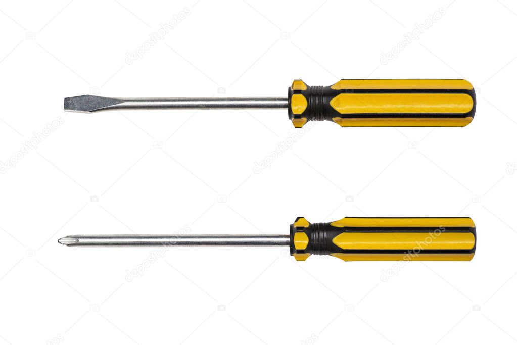 Slotted screw driver and phillips screw driver yellow colors isolated on white background