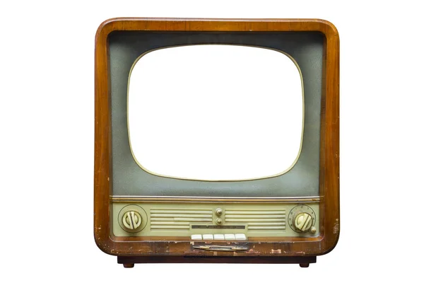 Beyaz arka planda izole edilmiş, kesme ekran için eski bir televizyon. Ahşap çantalı Retro TV