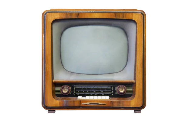 白い背景に隔離された木製のケースとレトロなテレビ。レトロテレビ-古いヴィンテージテレビ — ストック写真