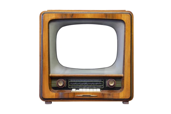 Beyaz arka planda izole edilmiş ahşap çantalı Retro TV. Retro televizyon - eski model televizyon — Stok fotoğraf