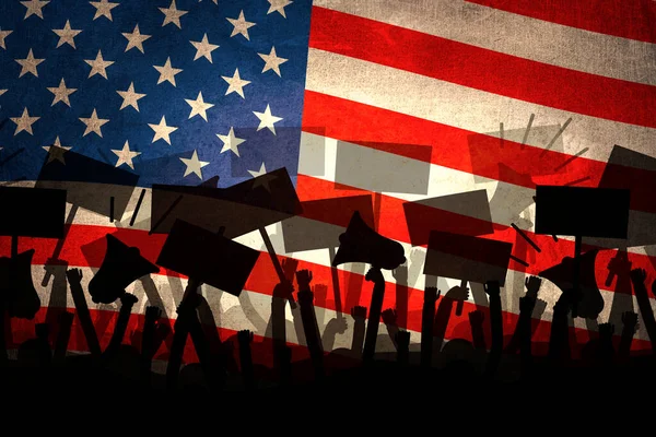 Silhouette Von Menschen Die Auf Amerikanischer Flagge Protestieren Massenprotest — Stockfoto
