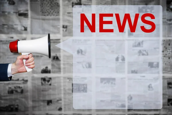 A man holding a megaphone and word NEWS in the speech bubble on background of newspapers. News message concept. Copy space.