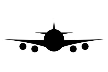 Uçak ikonu, ön görüş. Düzlem simgesi düz stil. Beyaz arka planda bir uçak silueti. Vektör illüstrasyonu