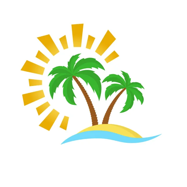 Tropische Palmbomen Eiland Zandstrand Met Zon Zomervakantie Logo Ontwerp Vectorillustratie — Stockvector