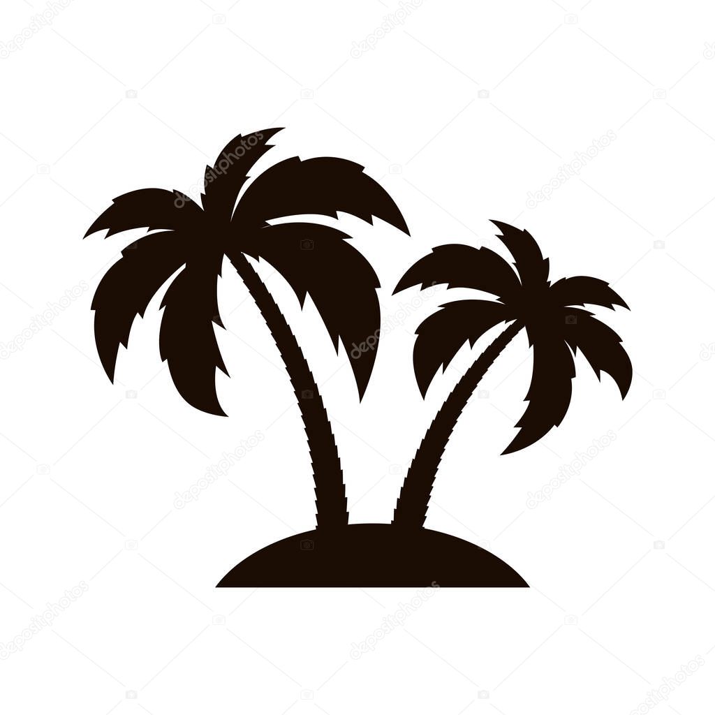 Tropical palm trees. Silhouette of palm trees on the island. Palm tree icon. Vector illustration.