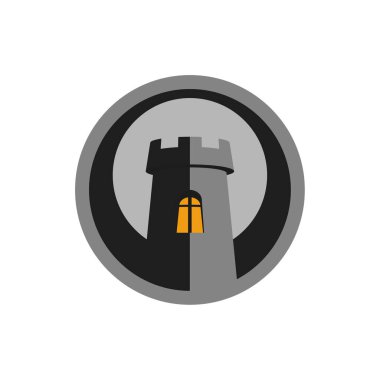 Ay 'ın arka planında, penceresinde yuvarlak ışık olan kule, ikon. Kule simgesi. Vektör illüstrasyonu.