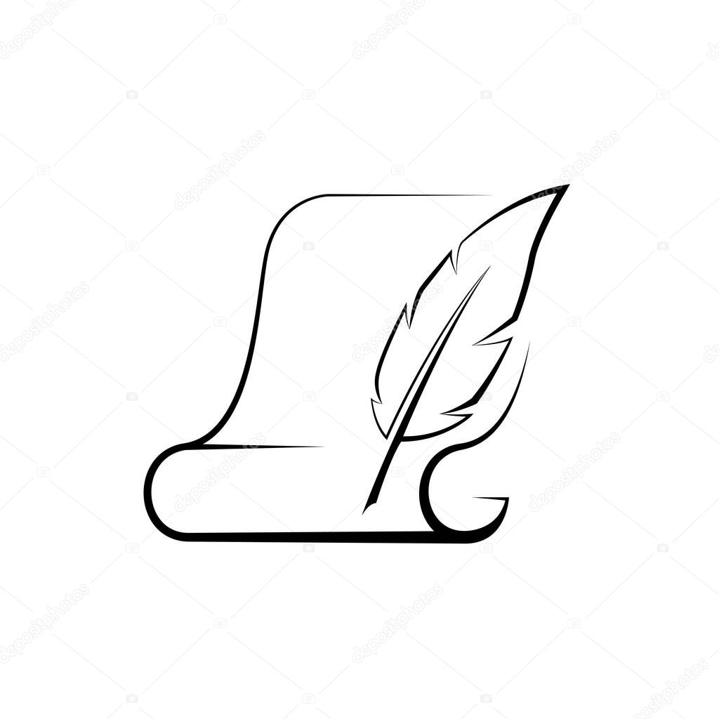 Parchment and feather pen. Feather pen writting on paper. Paper scroll and feather. Vector illustration.