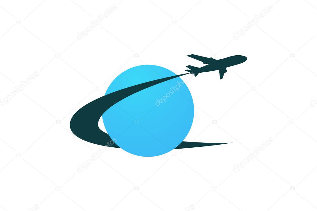 Plane travel icon. Air travel around the world. Flying around the world. Travel agency logo. Vector illustration.