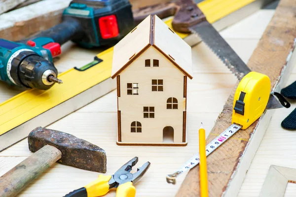 Wooden House Toy Surrounded Tools Concept Home Repair Home Improvement — Stock Photo, Image