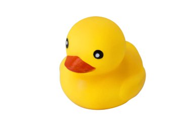 Sarı plastik ördek, beyaz arka planda izole edilmiş. Klasik cırtlak oyuncak plastik ördek.