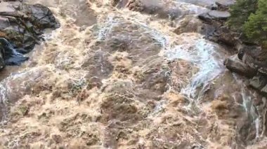 Bereketli yeşilliklerle çevrili kayalık arazide nehir akıntılarının güçlü akışını kaydeden dinamik bir video. Çalkantılı su dramatik ve doğal bir sahne yaratır..