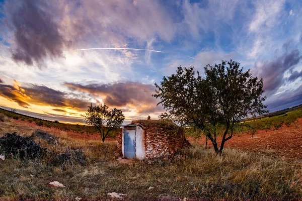 Geniş, geniş bir manzara, küçük, taşralı, metal kapılı bir kulübe ve kuru, çimenli bir arazide birkaç ağaç yakalıyor. Sahneye nefes kesici bir günbatımı hakim yumuşak bir parıltı ve güzel, bulutlu gökyüzü üzerinde çizgili bir iz.
