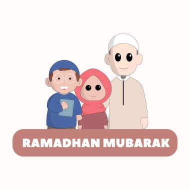 Karakter şirin Ramadhan konsepti mutlu Müslüman kutlaması kutsal ay Ramadhan camii silüet vektör illüstrasyonu 