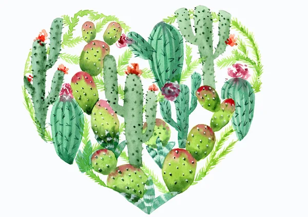 Decorative heart with cacti on a white background. Watercolor sketch.