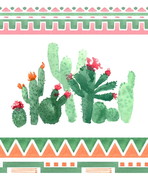 Geometric ornament and blooming cacti on a white background. Seamless border. Watercolor sketch.