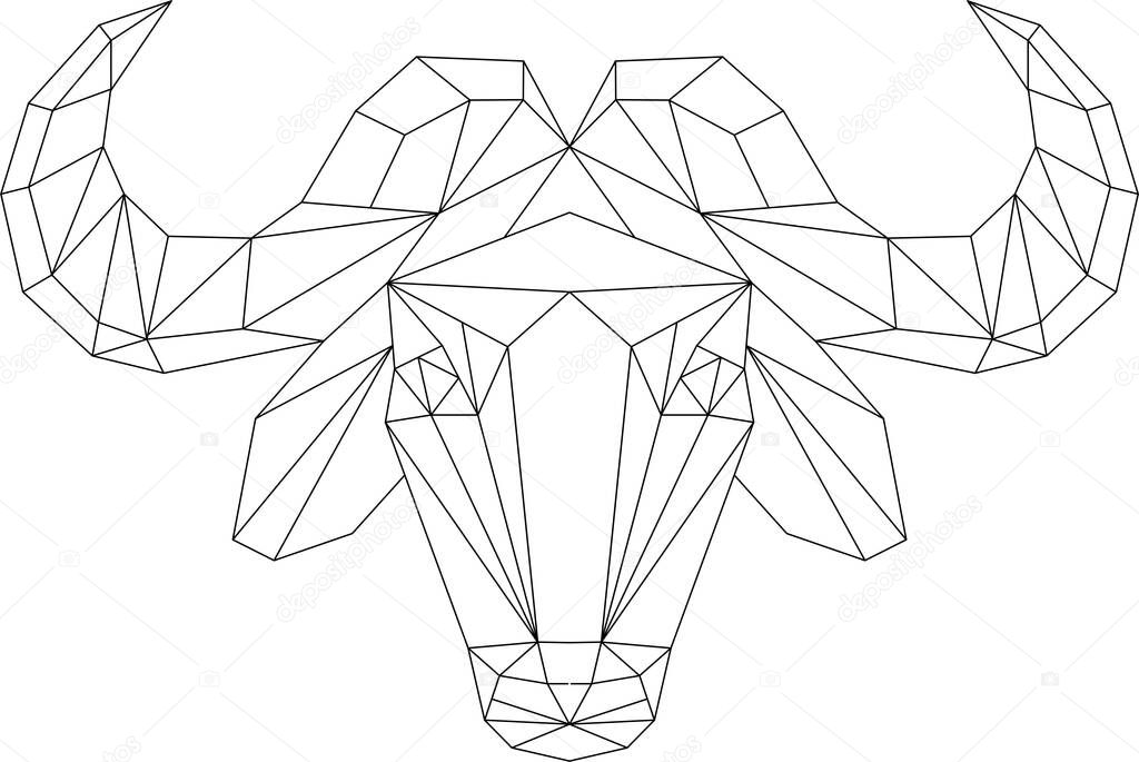 Bull head vector black and white graphic in low poly style.