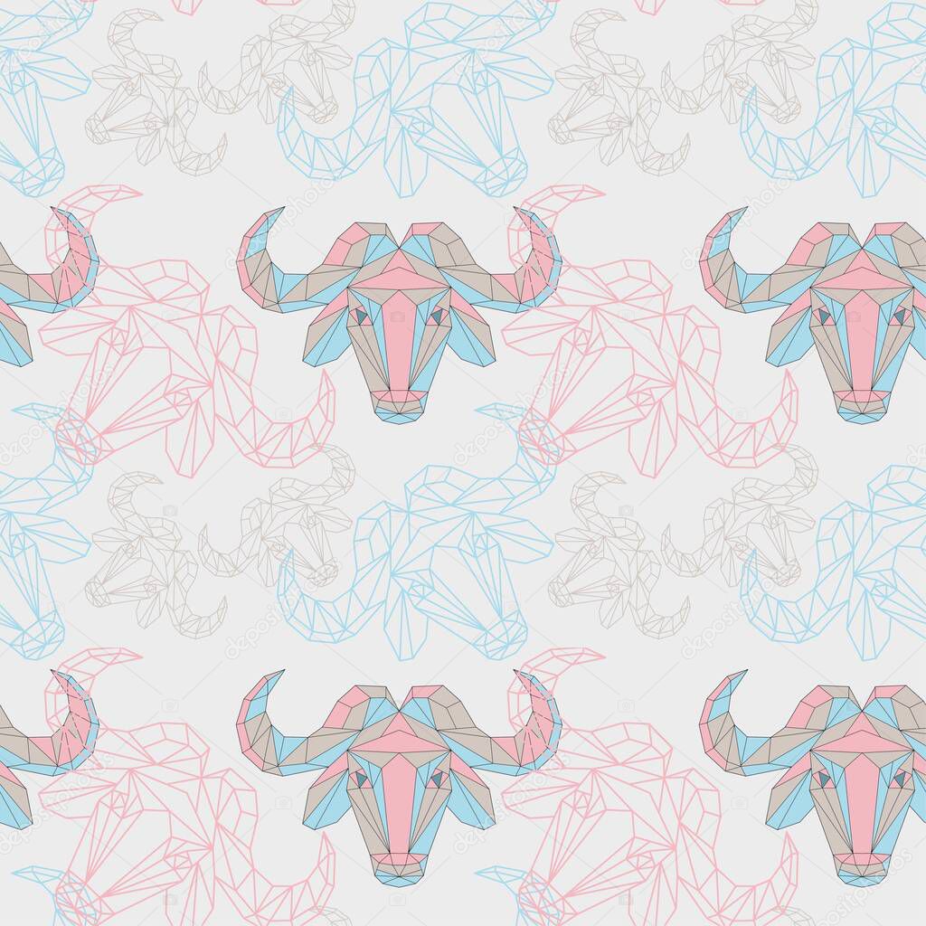 Seamless pattern on a light background bull head in low poly style