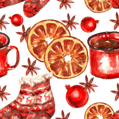 Yeni yıl ve Noel suluboya elementlerinin kusursuz deseni: kurabiyeler, çay fincanı, ringa kemiği, portakallar, çoraplar, kardan adam
