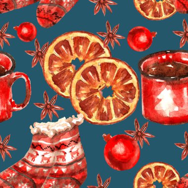 Yeni yıl ve Noel suluboya elementlerinin kusursuz deseni: kurabiyeler, çay fincanı, ringa kemiği, portakallar, çoraplar, kardan adam