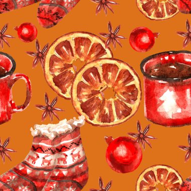 Yeni yıl ve Noel suluboya elementlerinin kusursuz deseni: kurabiyeler, çay fincanı, ringa kemiği, portakallar, çoraplar, kardan adam